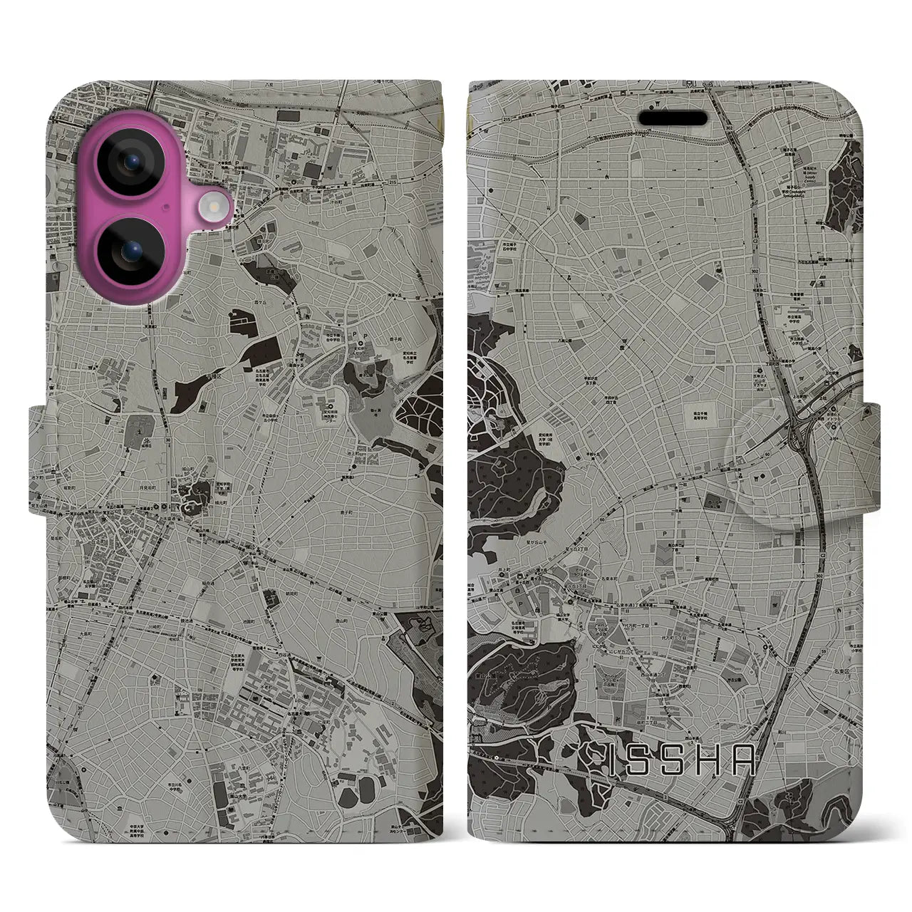 【一社(愛知県)】地図柄iPhoneケース(手帳タイプ)モノトーン・iPhone 16 Pro 用