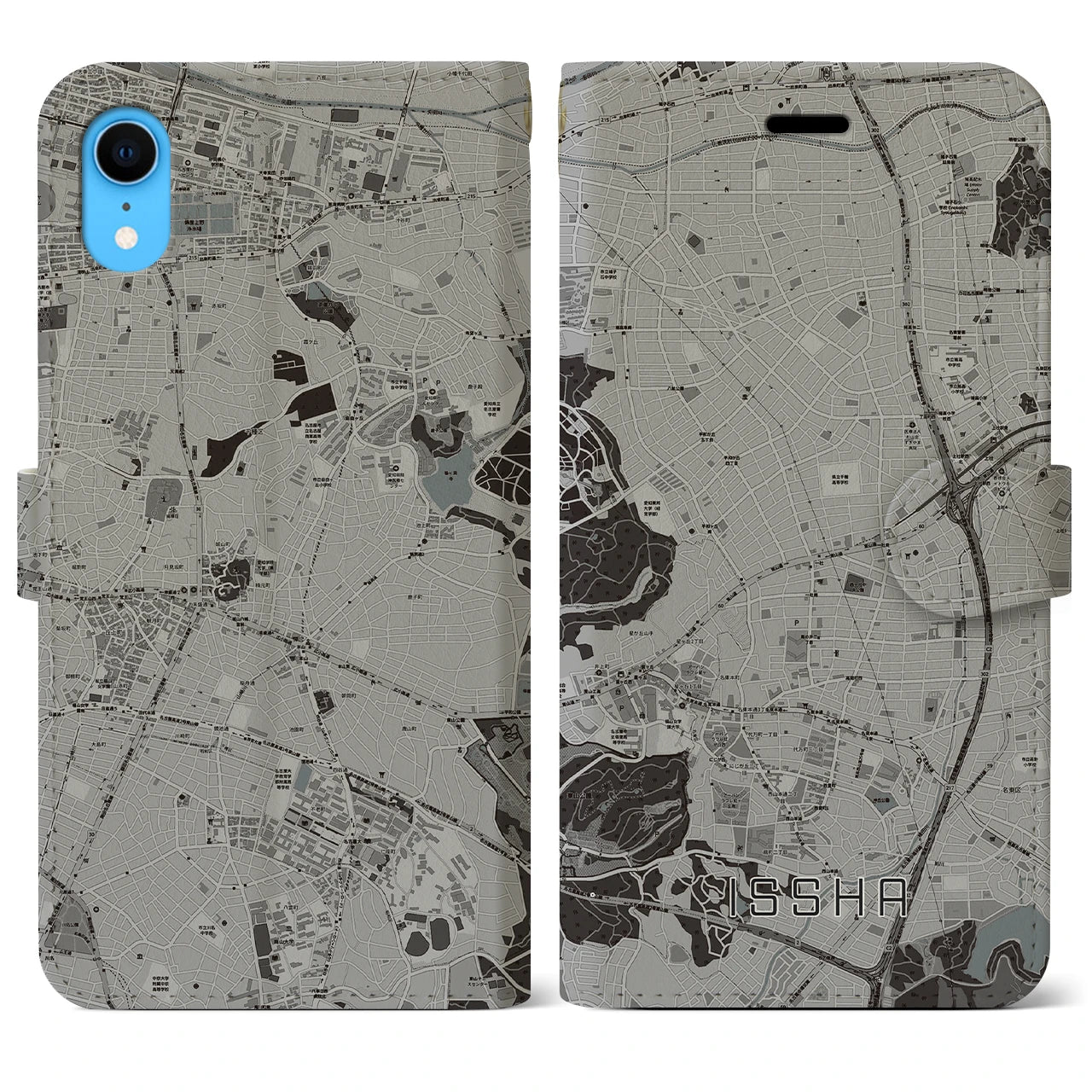 【一社(愛知県)】地図柄iPhoneケース(手帳タイプ)モノトーン・iPhone XR 用