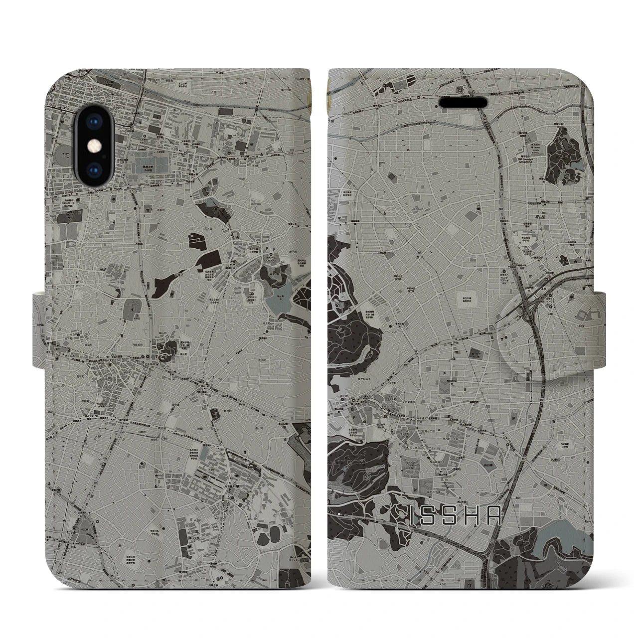 【一社(愛知県)】地図柄iPhoneケース(手帳タイプ)モノトーン・iPhone XS / X 用