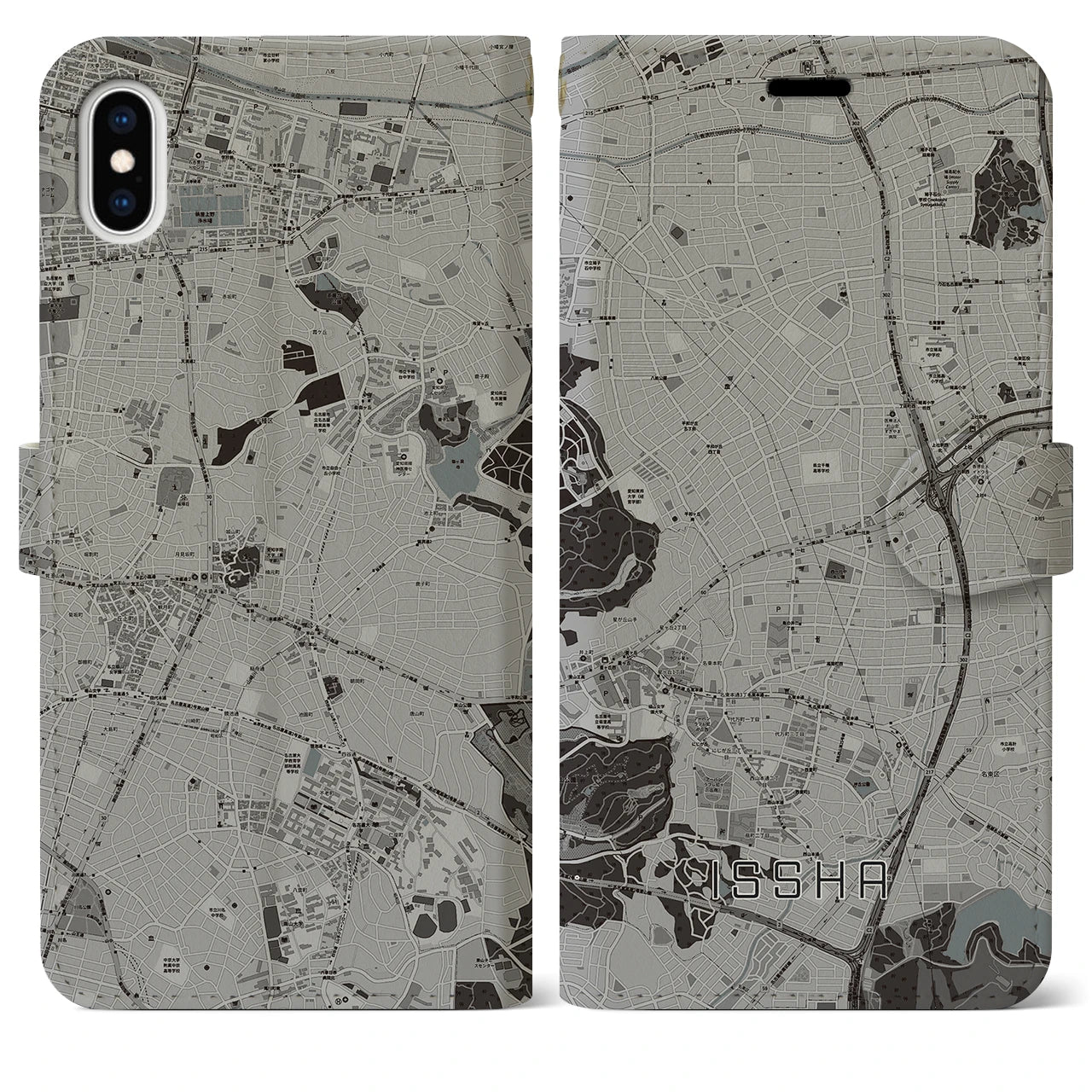 【一社(愛知県)】地図柄iPhoneケース(手帳タイプ)モノトーン・iPhone XS Max 用