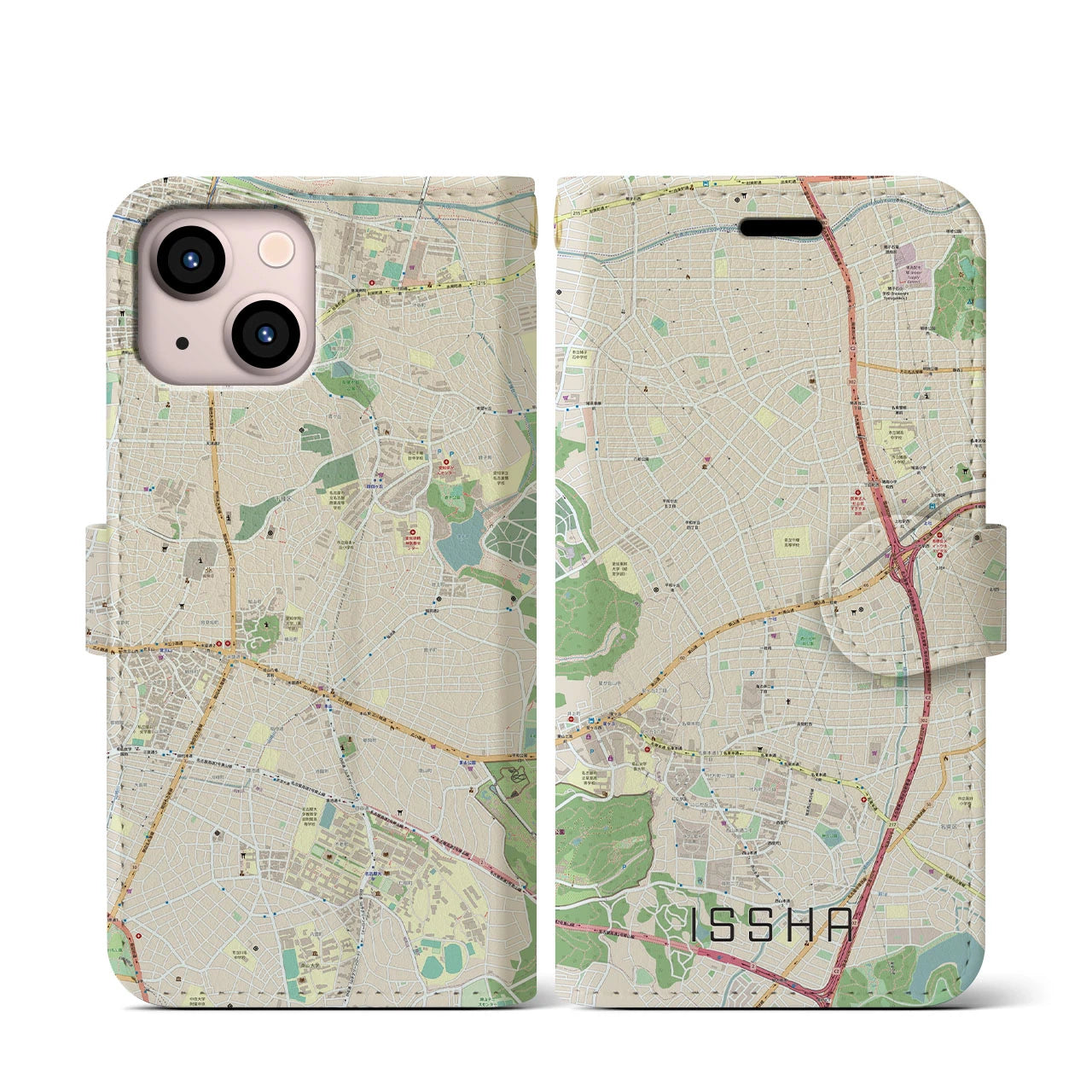 【一社(愛知県)】地図柄iPhoneケース(手帳タイプ)ナチュラル・iPhone 13 mini 用
