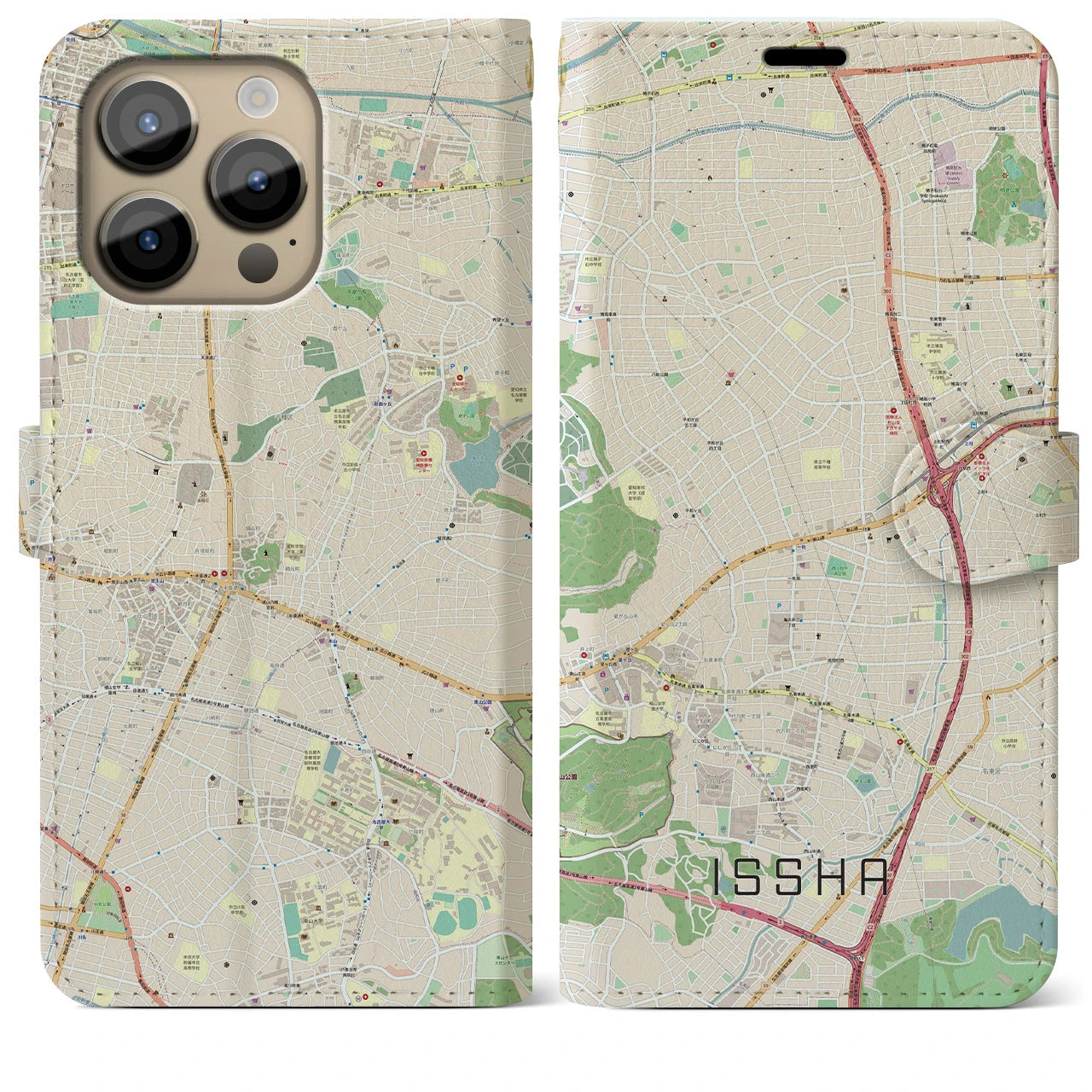 【一社(愛知県)】地図柄iPhoneケース(手帳タイプ)ナチュラル・iPhone 14 Pro Max 用