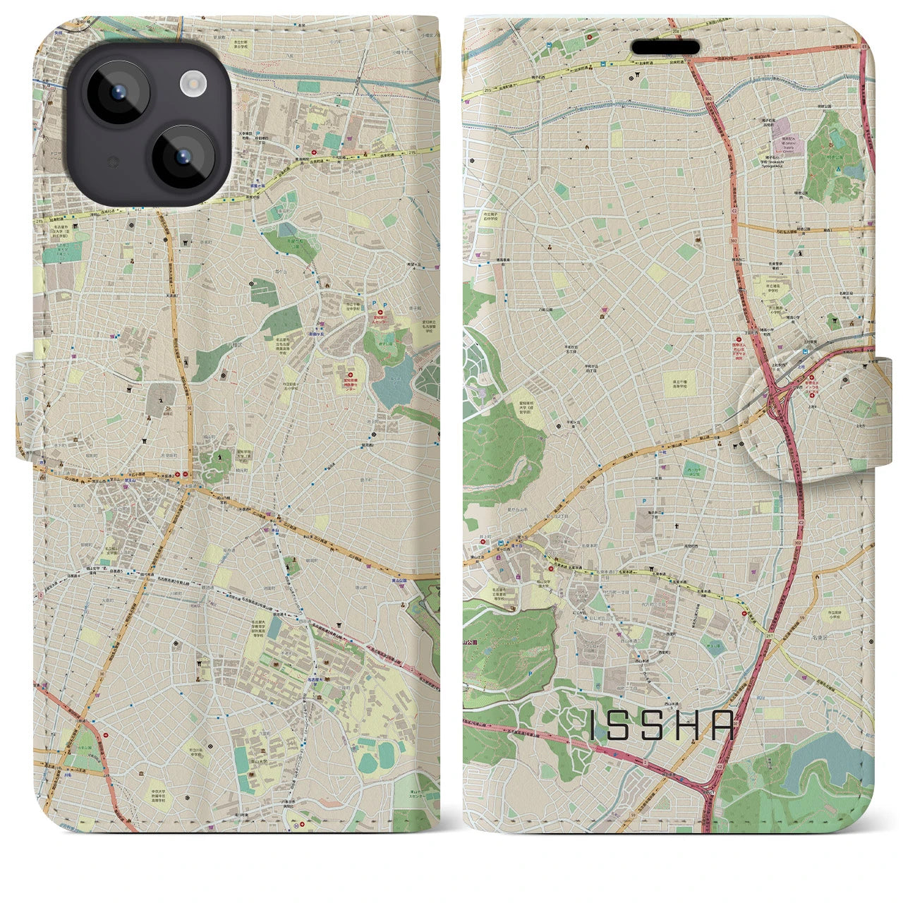 【一社(愛知県)】地図柄iPhoneケース(手帳タイプ)ナチュラル・iPhone 14 Plus 用