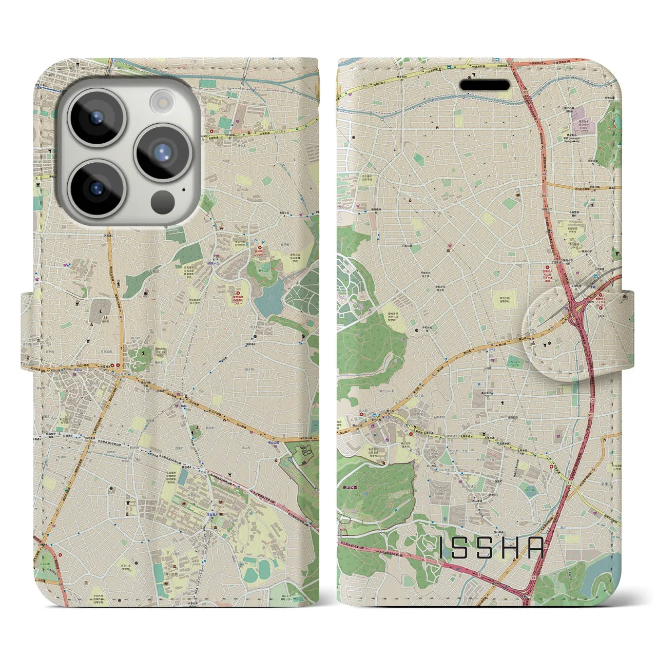 【一社(愛知県)】地図柄iPhoneケース(手帳タイプ)ナチュラル・iPhone 15 Pro 用