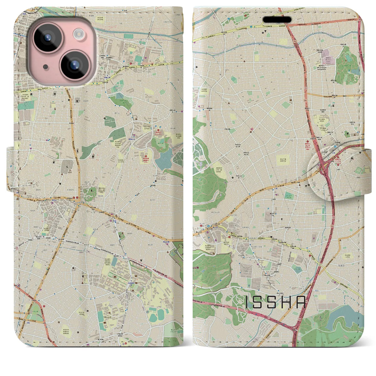 【一社(愛知県)】地図柄iPhoneケース(手帳タイプ)ナチュラル・iPhone 15 Plus 用