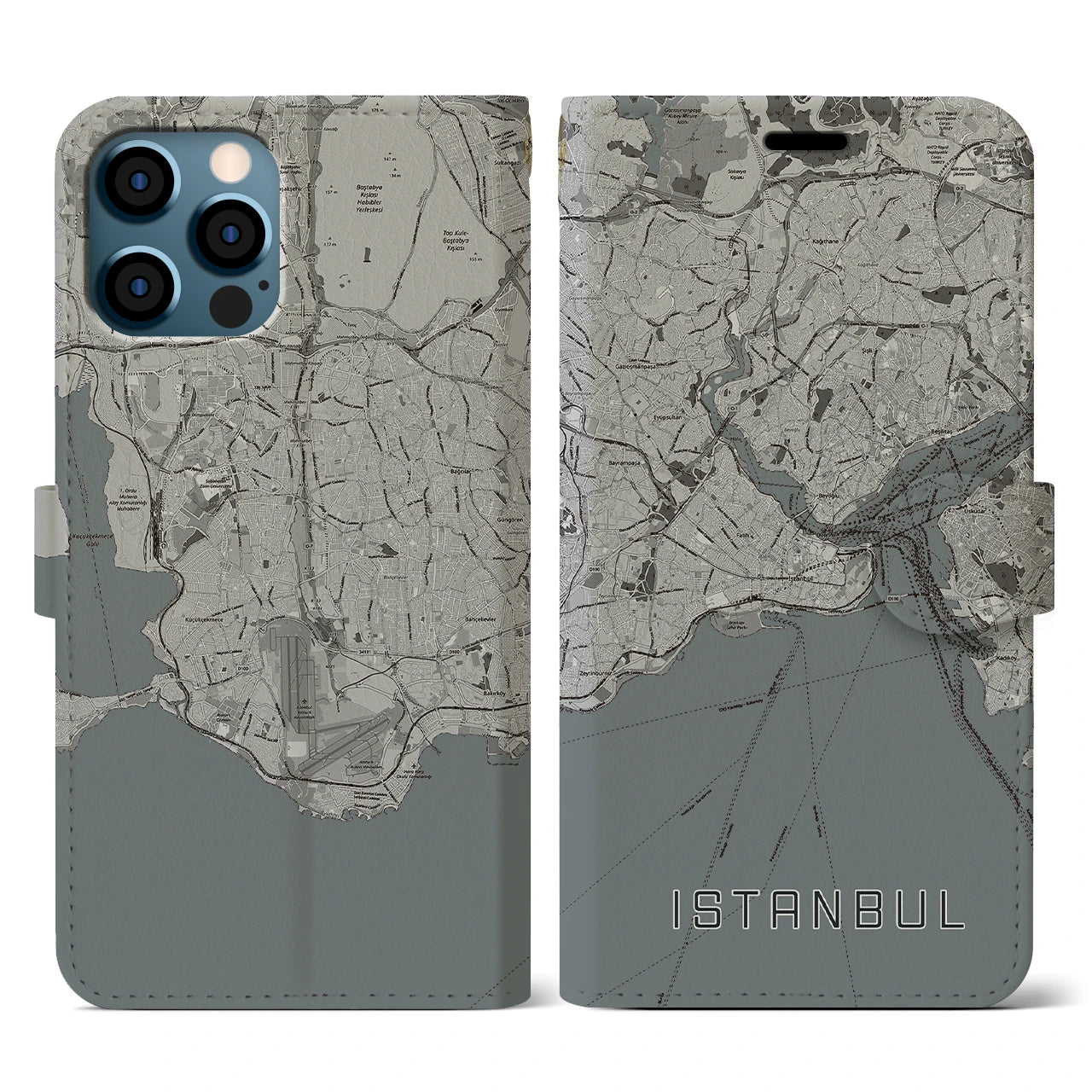 【イスタンブール(トルコ)】地図柄iPhoneケース(手帳タイプ)モノトーン・iPhone 12 / 12 Pro 用