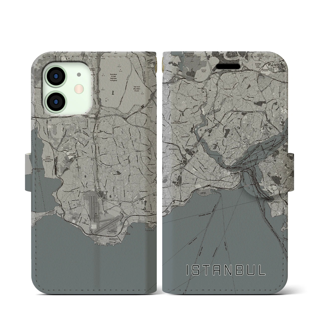 【イスタンブール(トルコ)】地図柄iPhoneケース(手帳タイプ)モノトーン・iPhone 12 mini 用