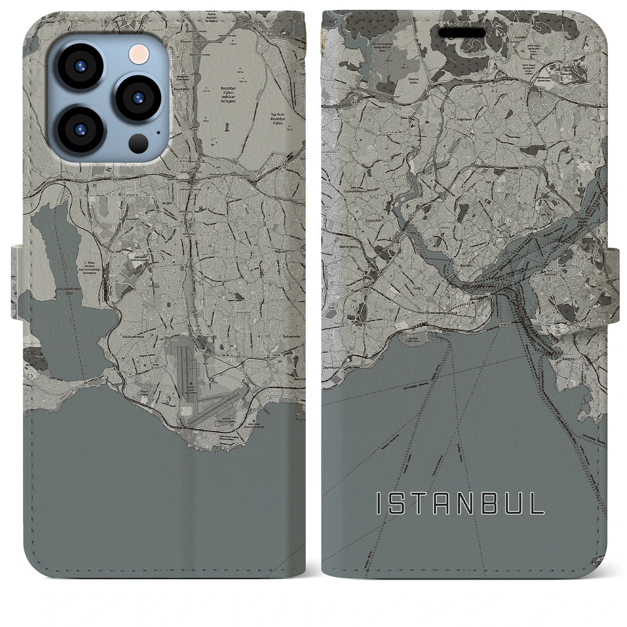 【イスタンブール(トルコ)】地図柄iPhoneケース(手帳タイプ)モノトーン・iPhone 13 Pro Max 用