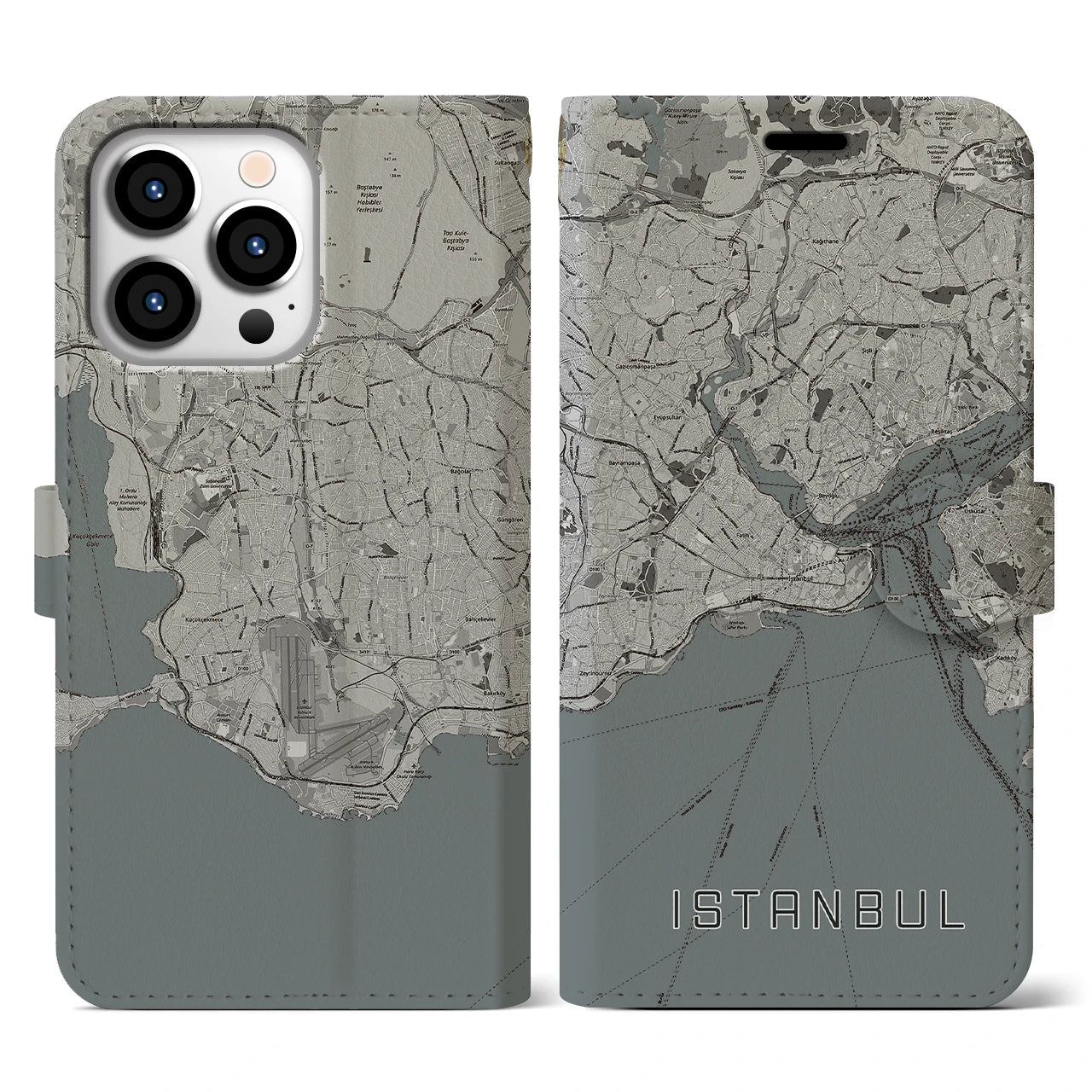 【イスタンブール(トルコ)】地図柄iPhoneケース(手帳タイプ)モノトーン・iPhone 13 Pro 用