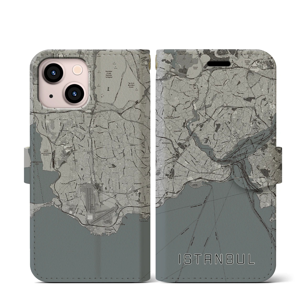 【イスタンブール(トルコ)】地図柄iPhoneケース(手帳タイプ)モノトーン・iPhone 13 mini 用