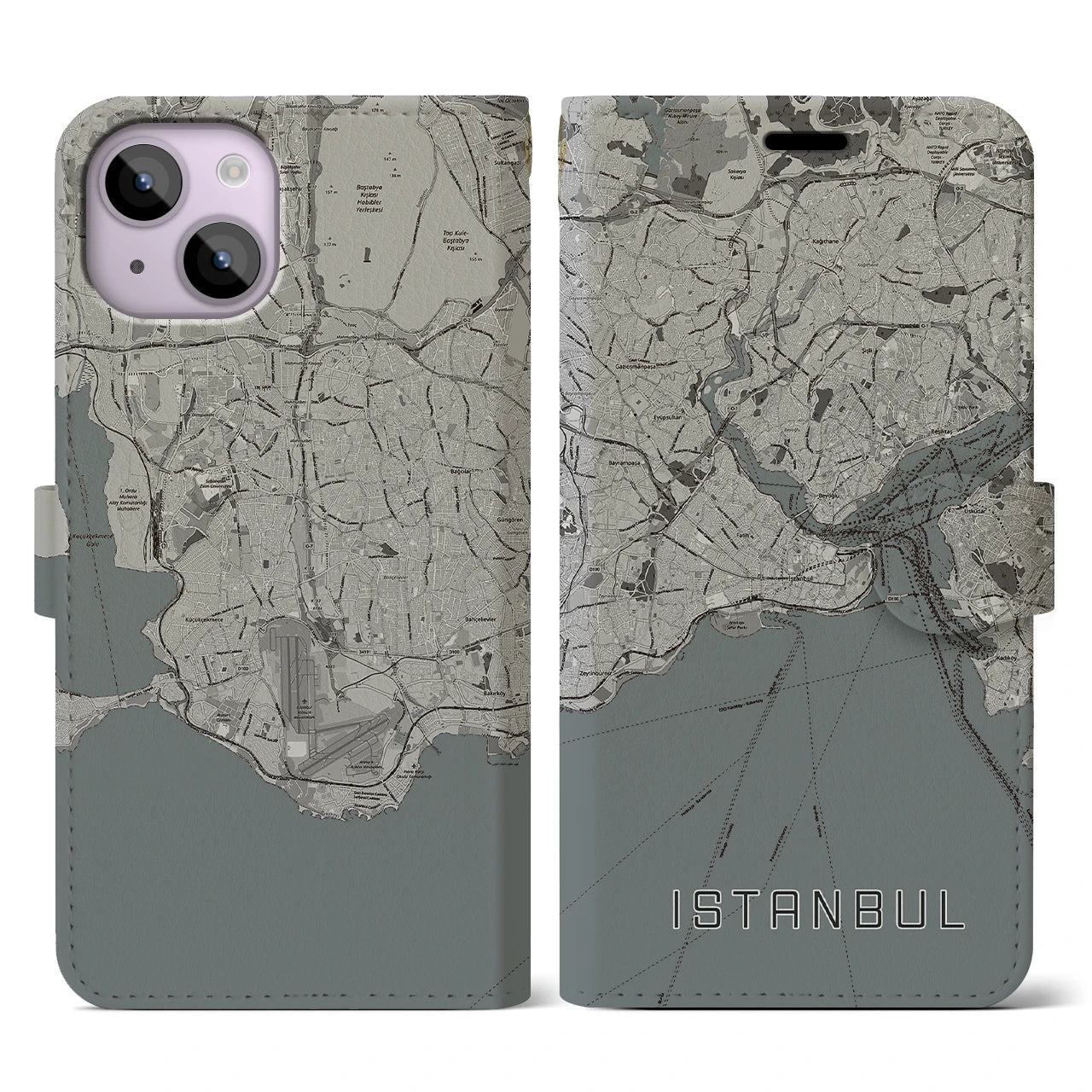 【イスタンブール(トルコ)】地図柄iPhoneケース(手帳タイプ)モノトーン・iPhone 14 用