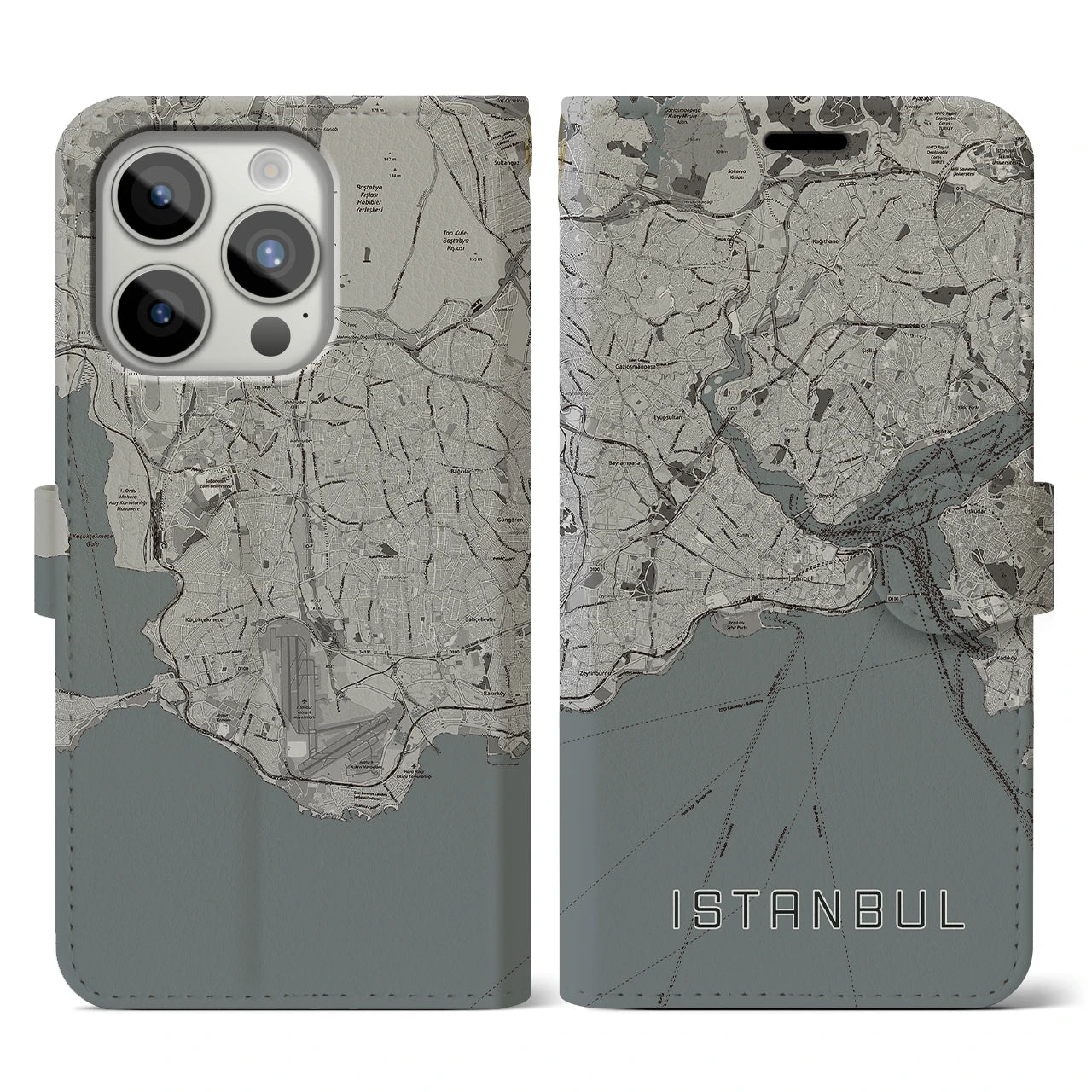 【イスタンブール(トルコ)】地図柄iPhoneケース(手帳タイプ)モノトーン・iPhone 15 Pro 用