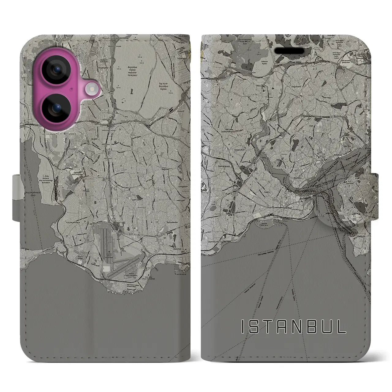 【イスタンブール(トルコ)】地図柄iPhoneケース(手帳タイプ)モノトーン・iPhone 16 Pro 用