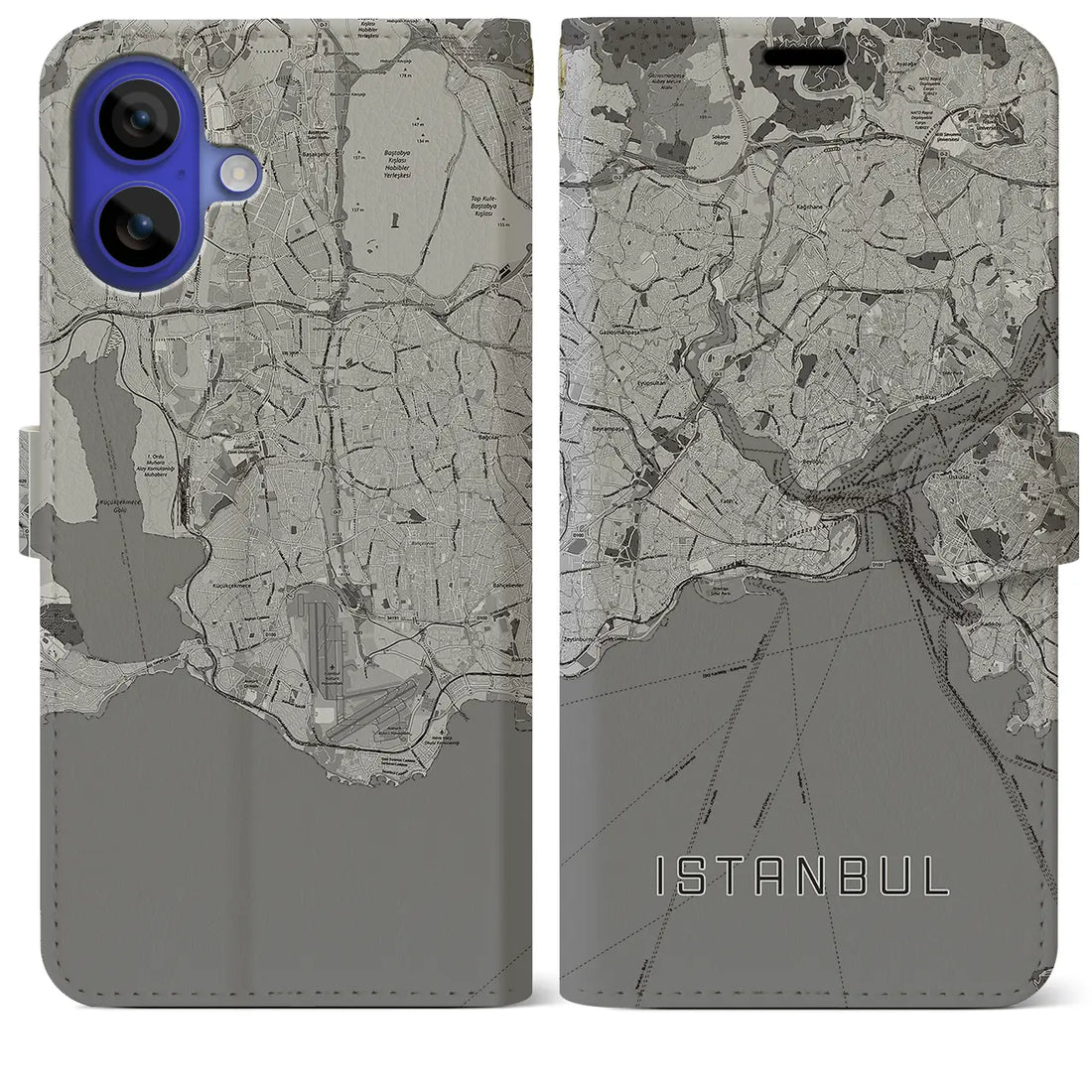 【イスタンブール(トルコ)】地図柄iPhoneケース(手帳タイプ)モノトーン・iPhone 16 Pro Max 用