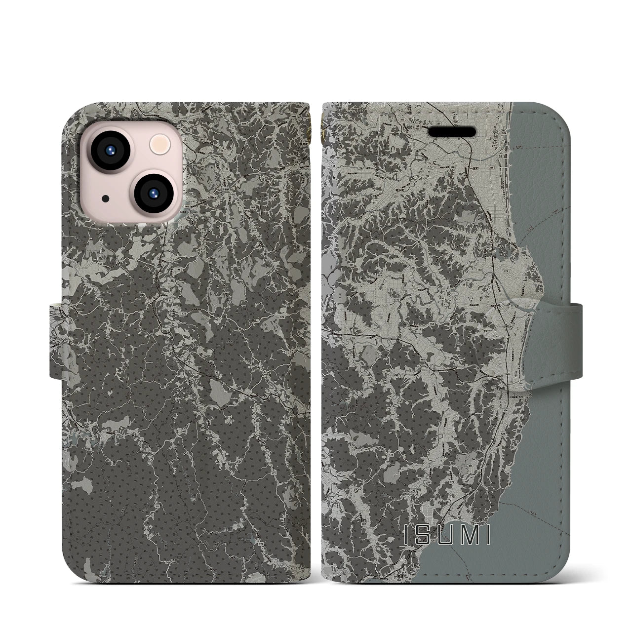 【いすみ(千葉県)】地図柄iPhoneケース(手帳タイプ)モノトーン・iPhone 13 mini 用