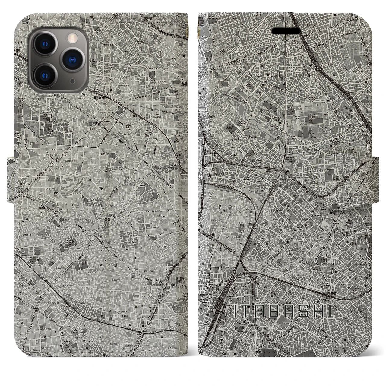 【板橋(東京都)】地図柄iPhoneケース(手帳タイプ)モノトーン・iPhone 11 Pro Max 用