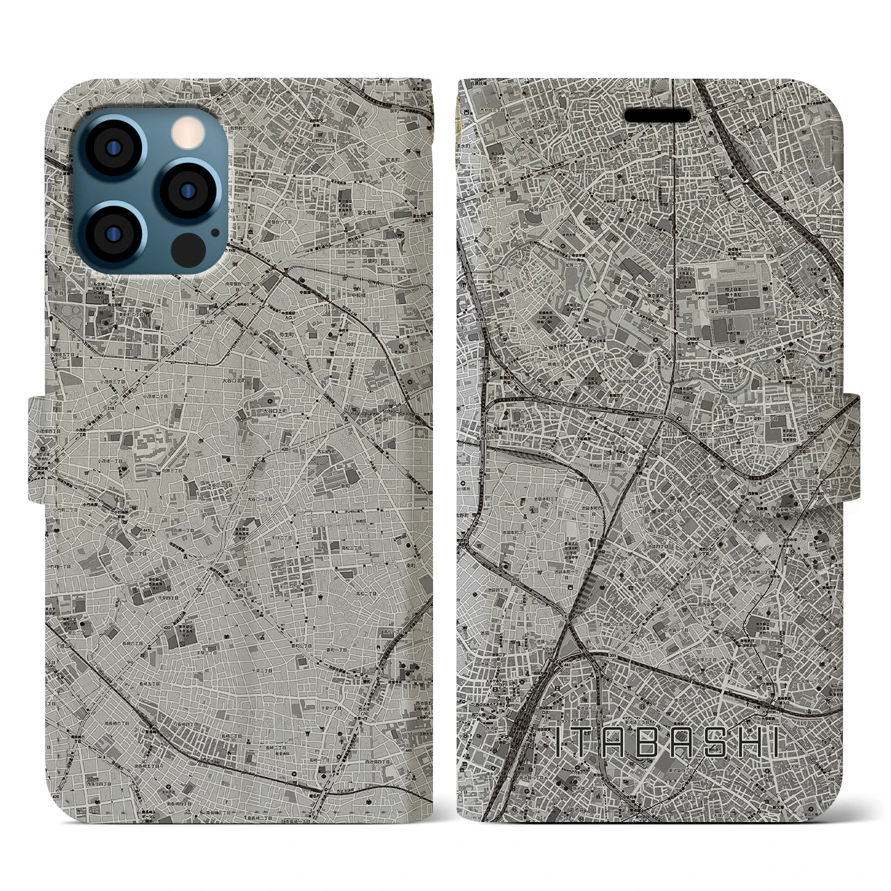 【板橋(東京都)】地図柄iPhoneケース(手帳タイプ)モノトーン・iPhone 12 / 12 Pro 用
