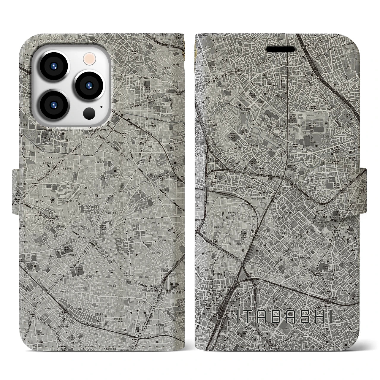 【板橋(東京都)】地図柄iPhoneケース(手帳タイプ)モノトーン・iPhone 13 Pro 用