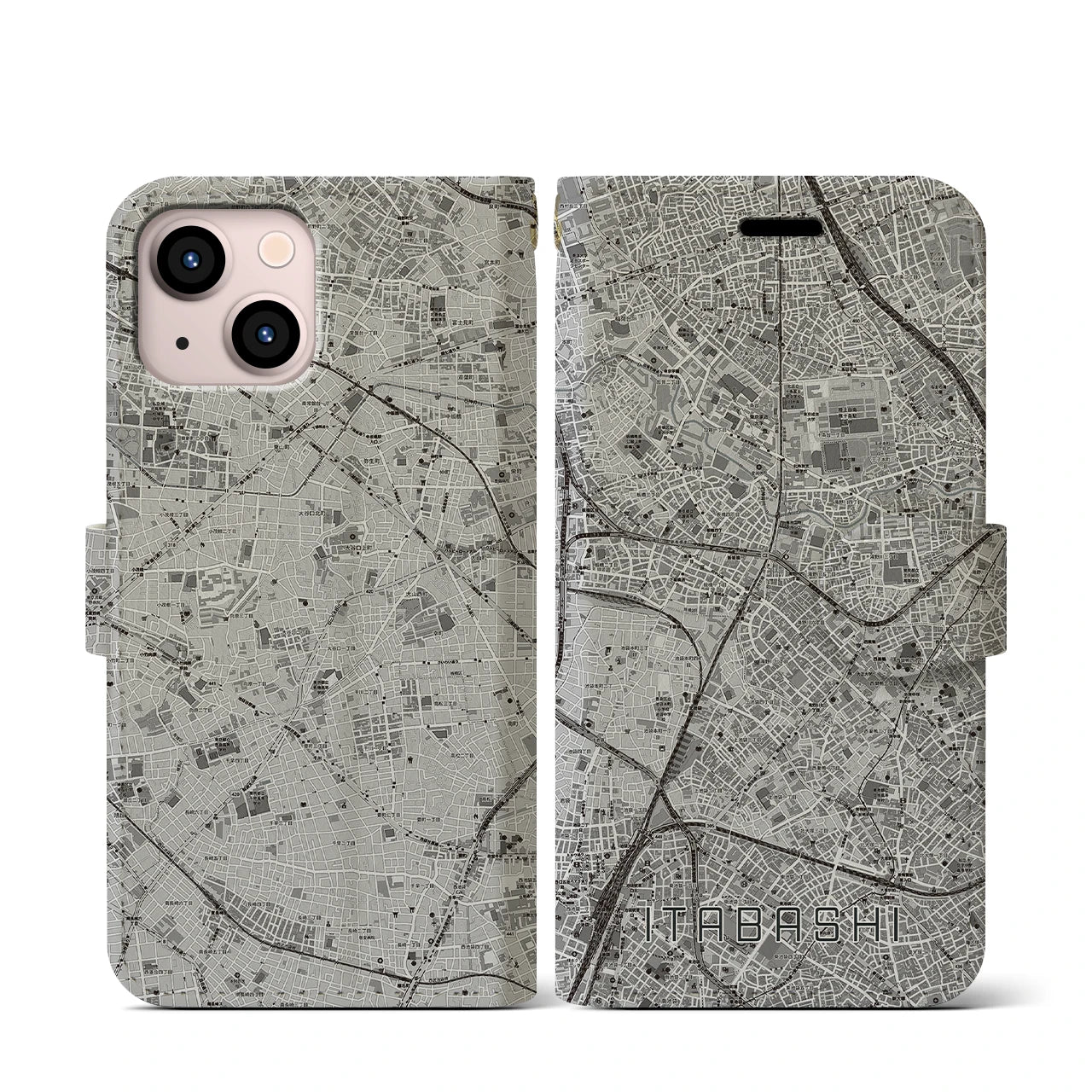 【板橋(東京都)】地図柄iPhoneケース(手帳タイプ)モノトーン・iPhone 13 mini 用