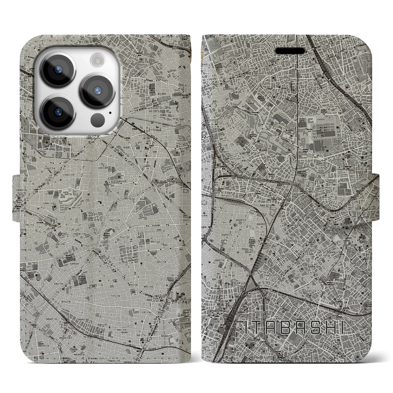 【板橋(東京都)】地図柄iPhoneケース(手帳タイプ)モノトーン・iPhone 14 Pro 用
