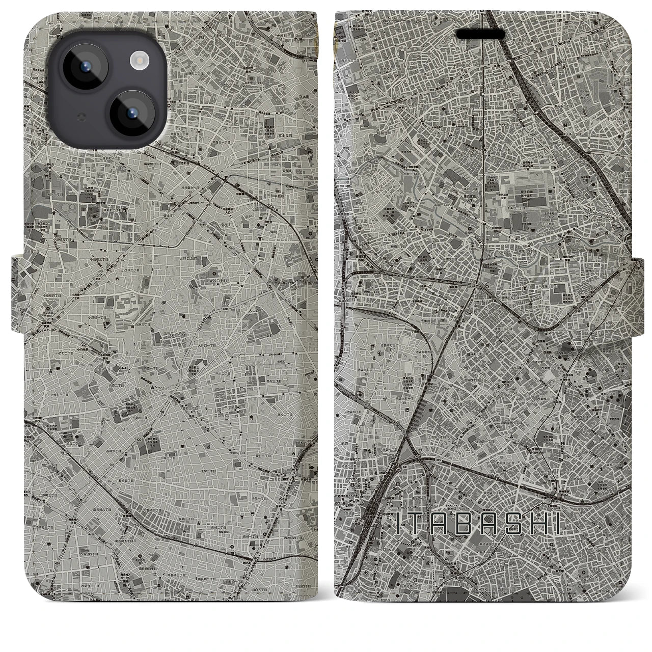 【板橋(東京都)】地図柄iPhoneケース(手帳タイプ)モノトーン・iPhone 14 Plus 用