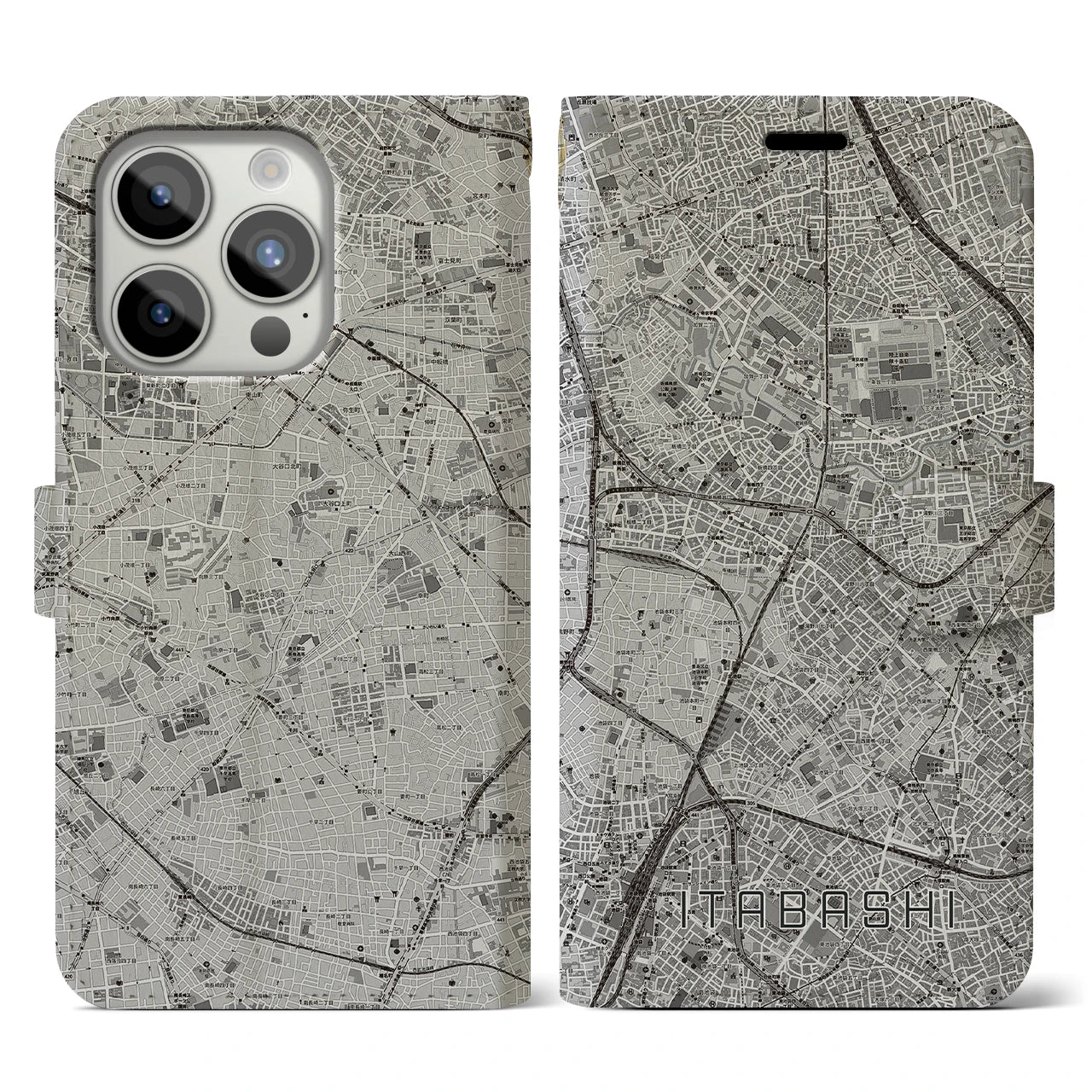 【板橋(東京都)】地図柄iPhoneケース(手帳タイプ)モノトーン・iPhone 15 Pro 用