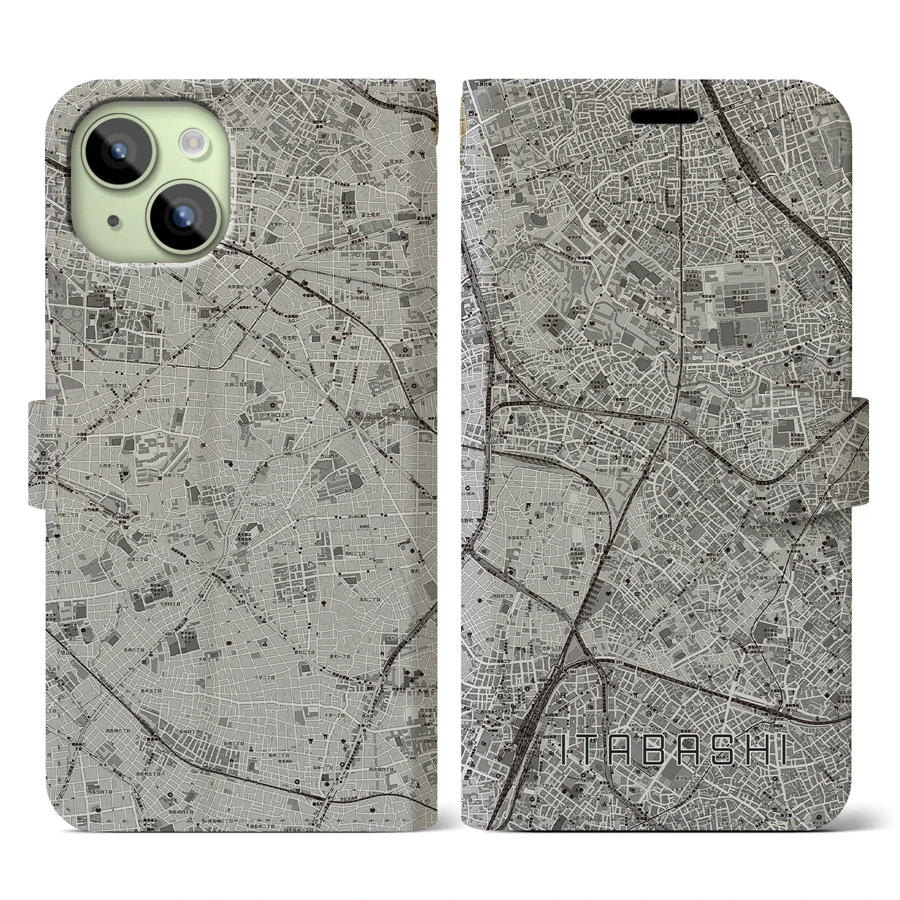 【板橋(東京都)】地図柄iPhoneケース(手帳タイプ)モノトーン・iPhone 15 用