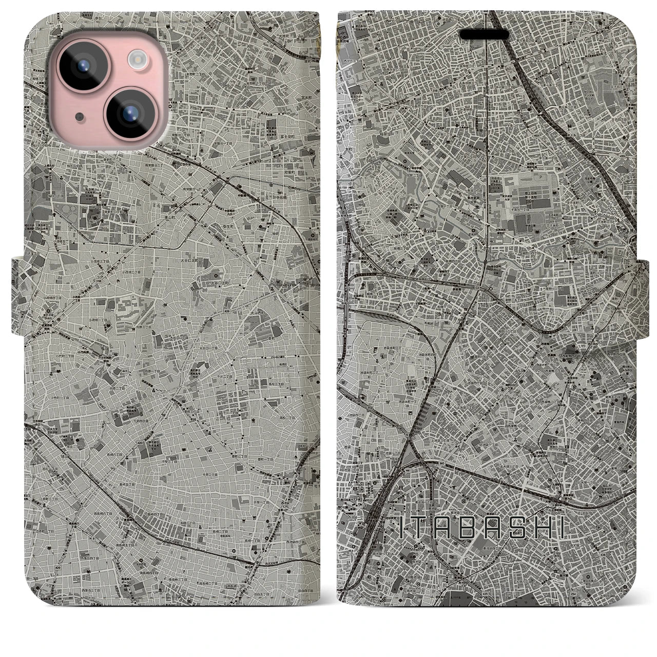 【板橋(東京都)】地図柄iPhoneケース(手帳タイプ)モノトーン・iPhone 15 Plus 用