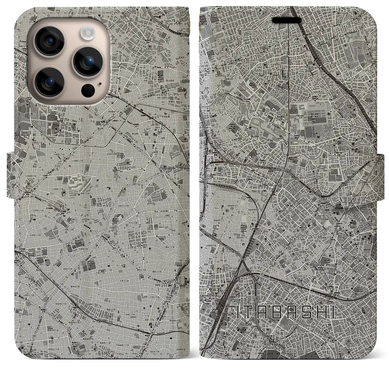 【板橋(東京都)】地図柄iPhoneケース(手帳タイプ)モノトーン・iPhone 16 Plus 用