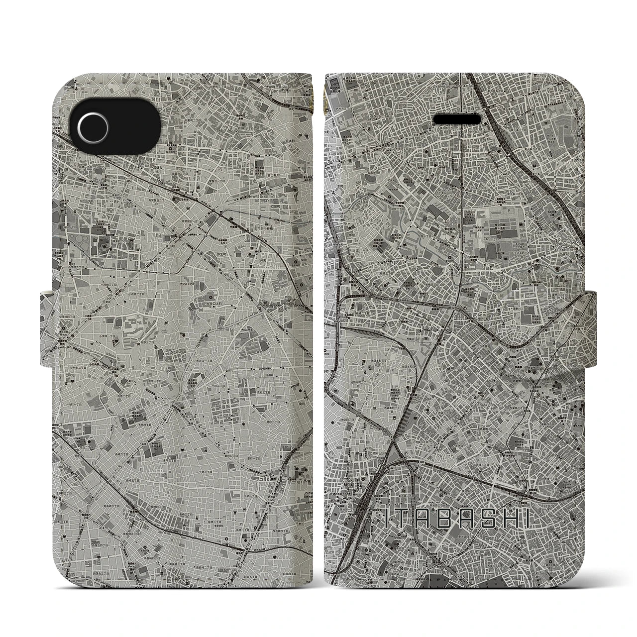 【板橋(東京都)】地図柄iPhoneケース(手帳タイプ)モノトーン・iPhone SE(第3 / 第2世代) / 8 / 7 / 6s / 6 用