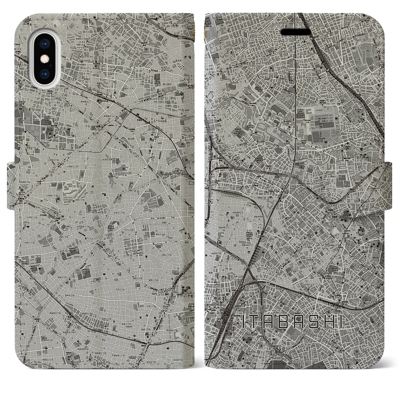 【板橋(東京都)】地図柄iPhoneケース(手帳タイプ)モノトーン・iPhone XS Max 用