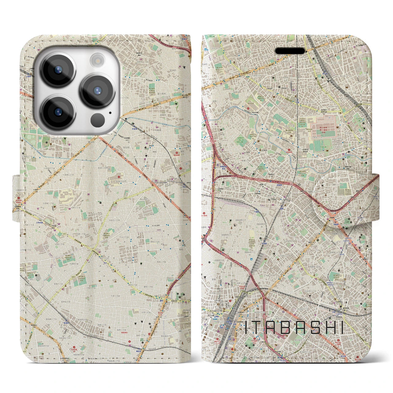 【板橋(東京都)】地図柄iPhoneケース(手帳タイプ)ナチュラル・iPhone 14 Pro 用