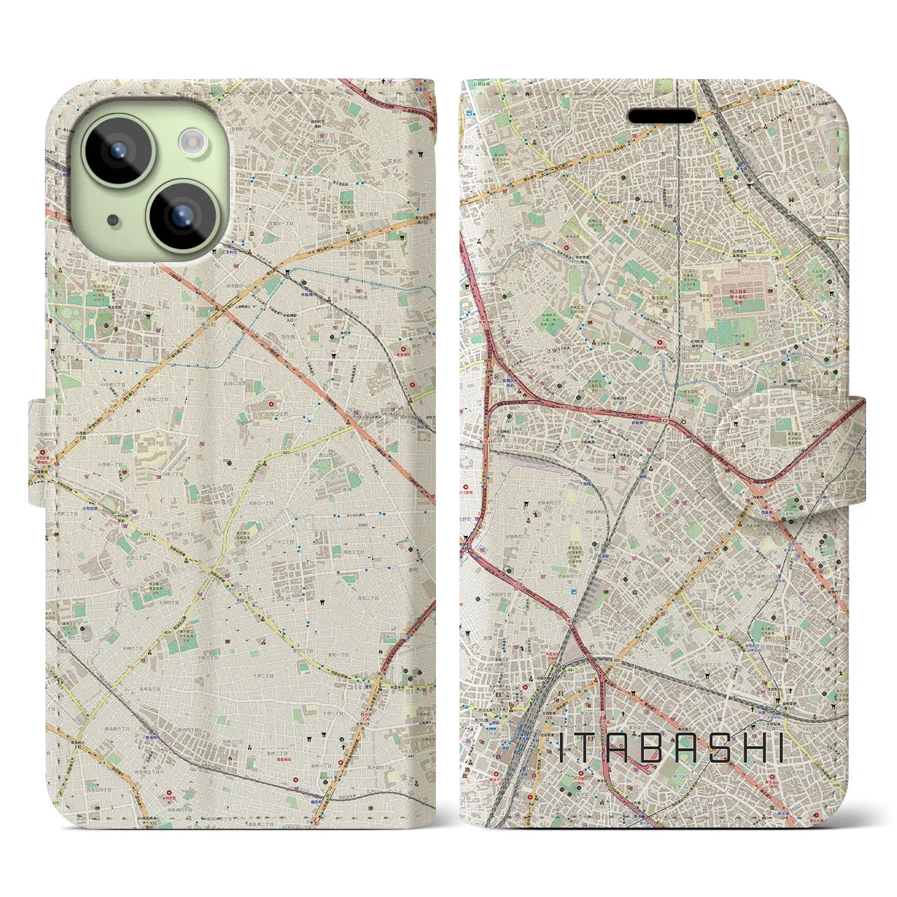 【板橋(東京都)】地図柄iPhoneケース(手帳タイプ)ナチュラル・iPhone 15 用