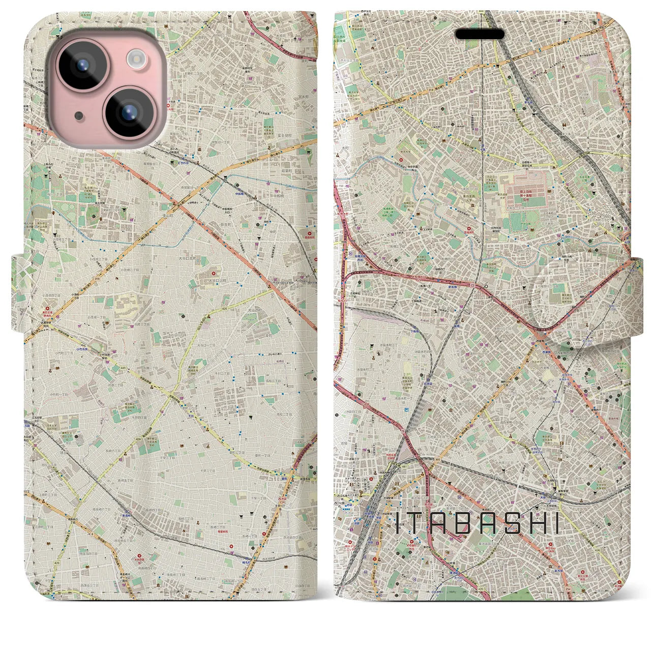 【板橋(東京都)】地図柄iPhoneケース(手帳タイプ)ナチュラル・iPhone 15 Plus 用