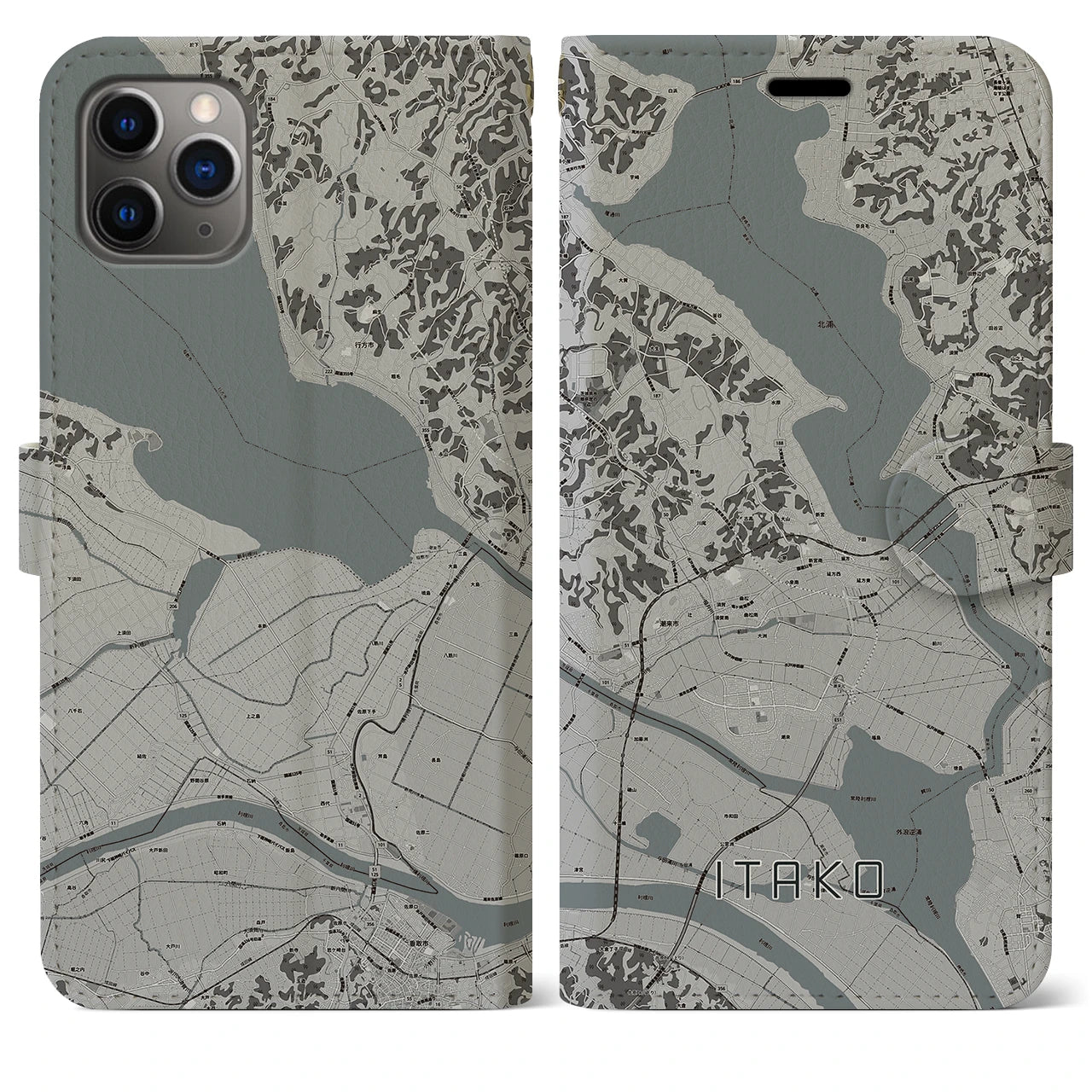 【潮来(茨城県)】地図柄iPhoneケース(手帳タイプ)モノトーン・iPhone 11 Pro Max 用