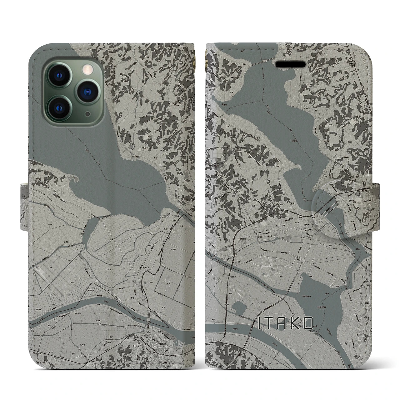 【潮来(茨城県)】地図柄iPhoneケース(手帳タイプ)モノトーン・iPhone 11 Pro 用