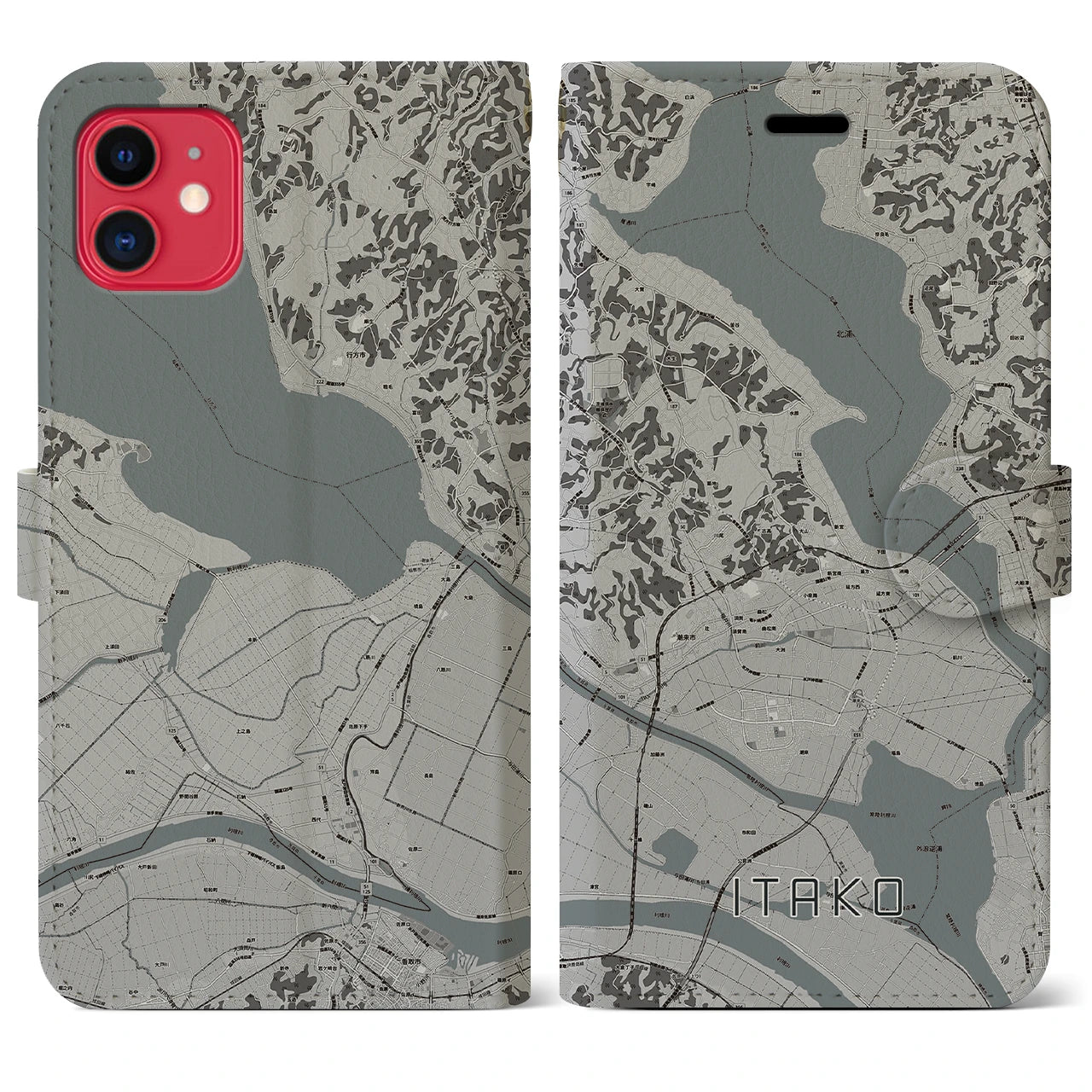 【潮来(茨城県)】地図柄iPhoneケース(手帳タイプ)モノトーン・iPhone 11 用