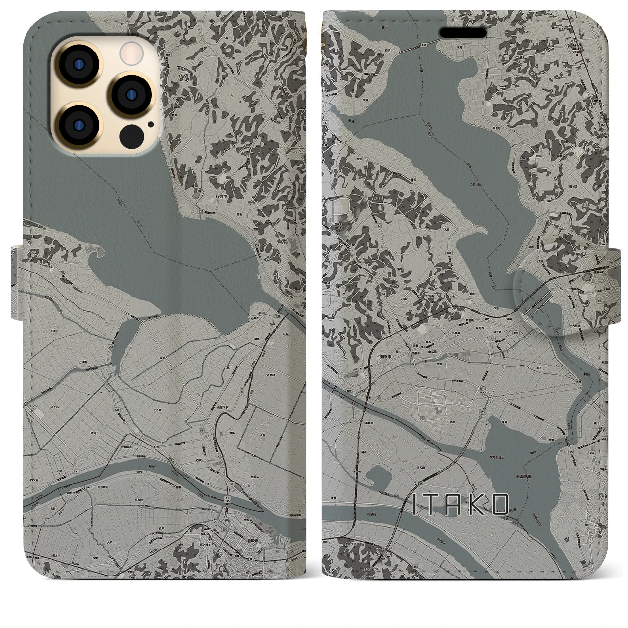 【潮来(茨城県)】地図柄iPhoneケース(手帳タイプ)モノトーン・iPhone 12 Pro Max 用