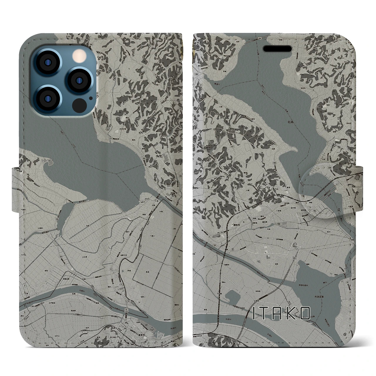 【潮来(茨城県)】地図柄iPhoneケース(手帳タイプ)モノトーン・iPhone 12 / 12 Pro 用