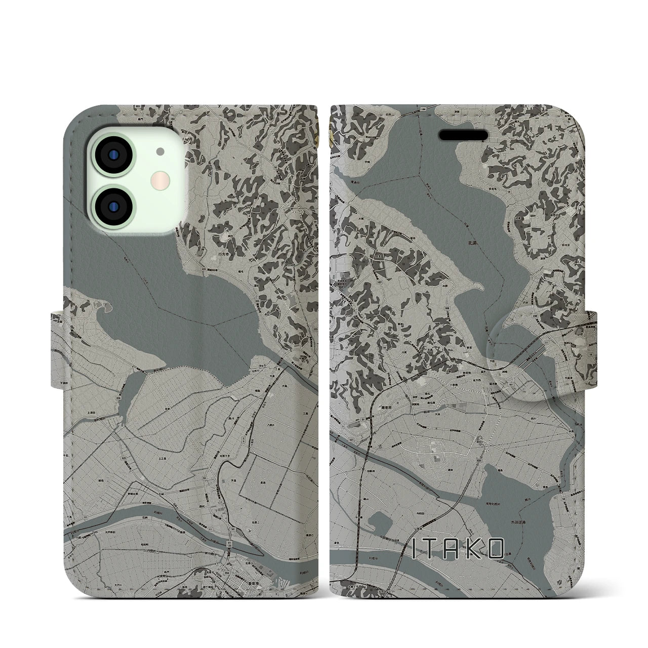 【潮来(茨城県)】地図柄iPhoneケース(手帳タイプ)モノトーン・iPhone 12 mini 用