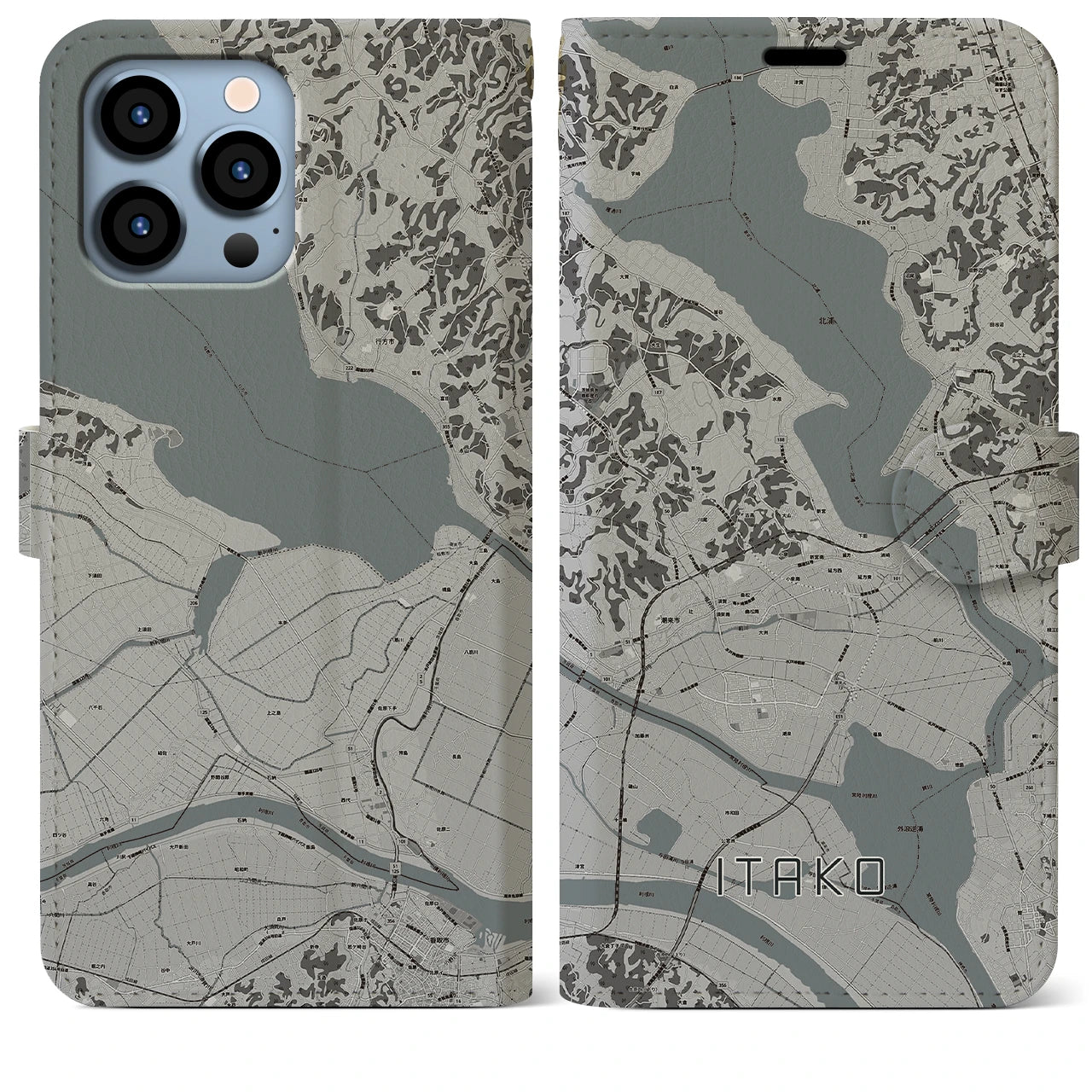 【潮来(茨城県)】地図柄iPhoneケース(手帳タイプ)モノトーン・iPhone 13 Pro Max 用