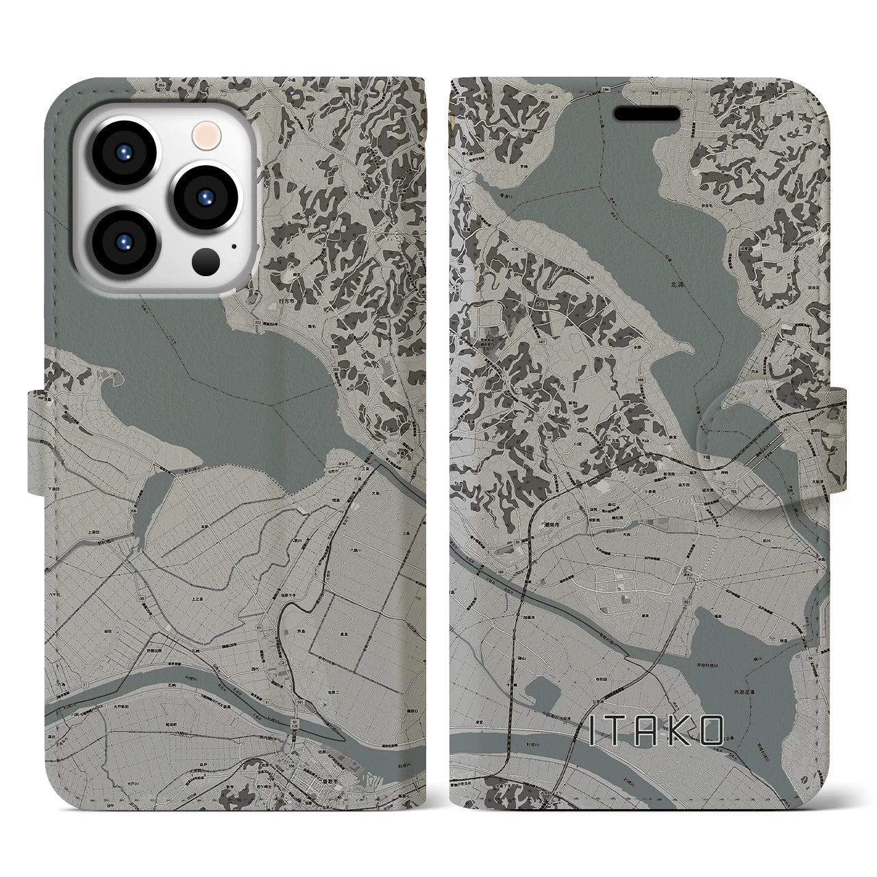 【潮来(茨城県)】地図柄iPhoneケース(手帳タイプ)モノトーン・iPhone 13 Pro 用