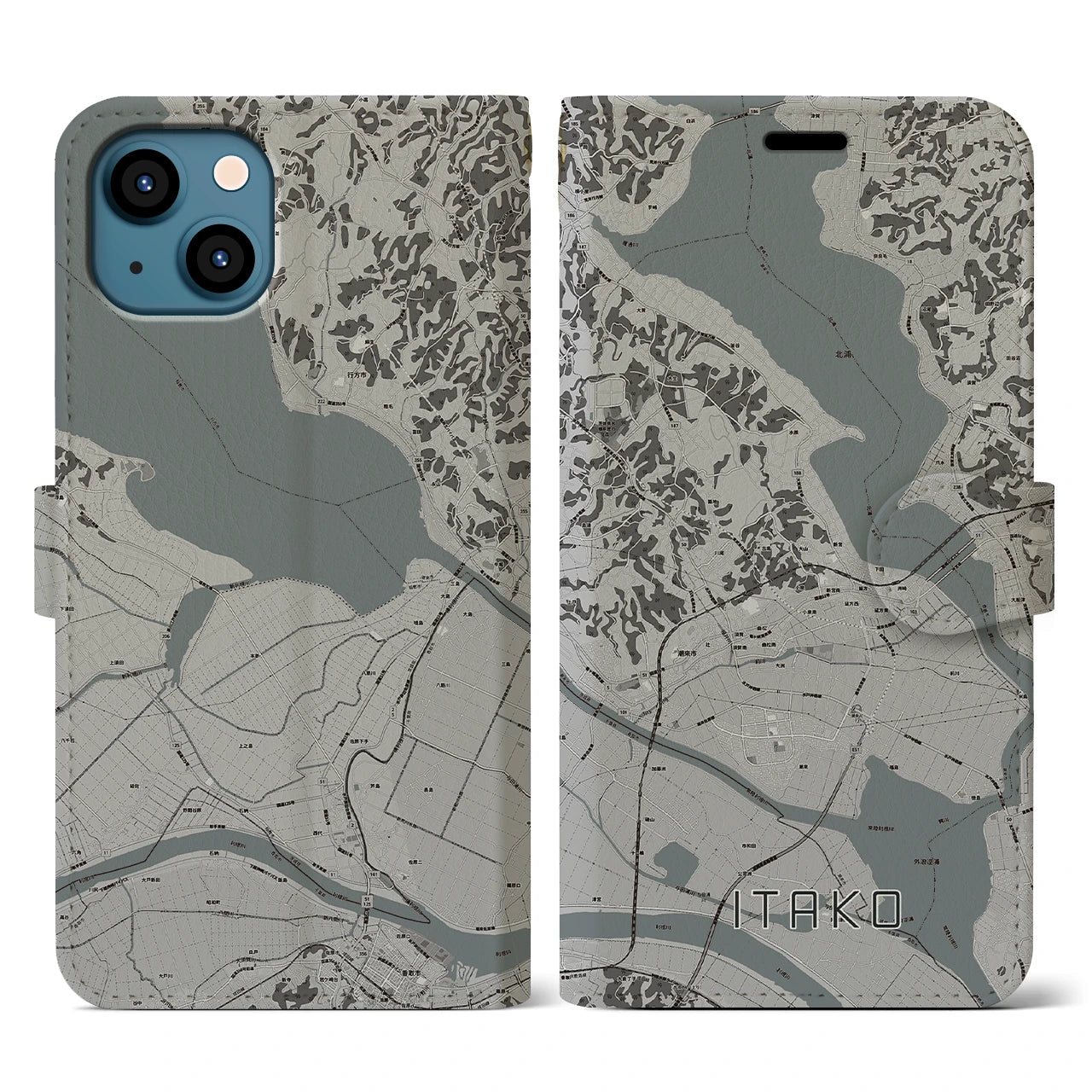 【潮来(茨城県)】地図柄iPhoneケース(手帳タイプ)モノトーン・iPhone 13 用