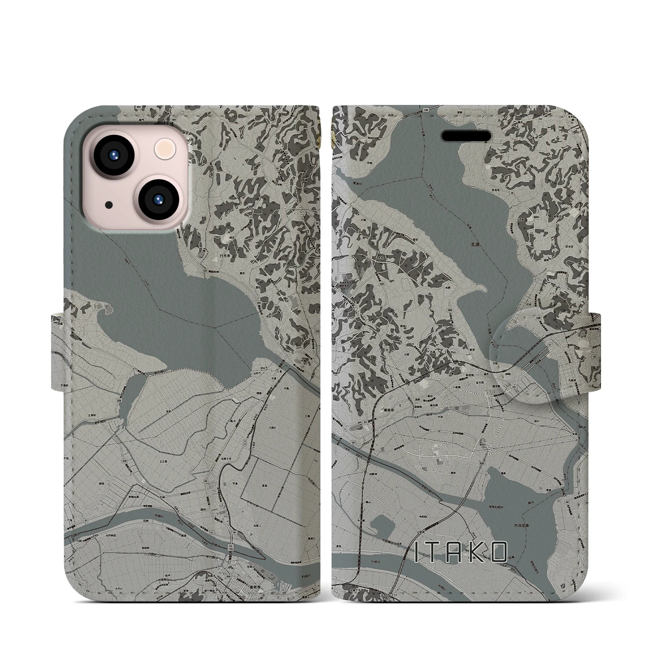 【潮来(茨城県)】地図柄iPhoneケース(手帳タイプ)モノトーン・iPhone 13 mini 用