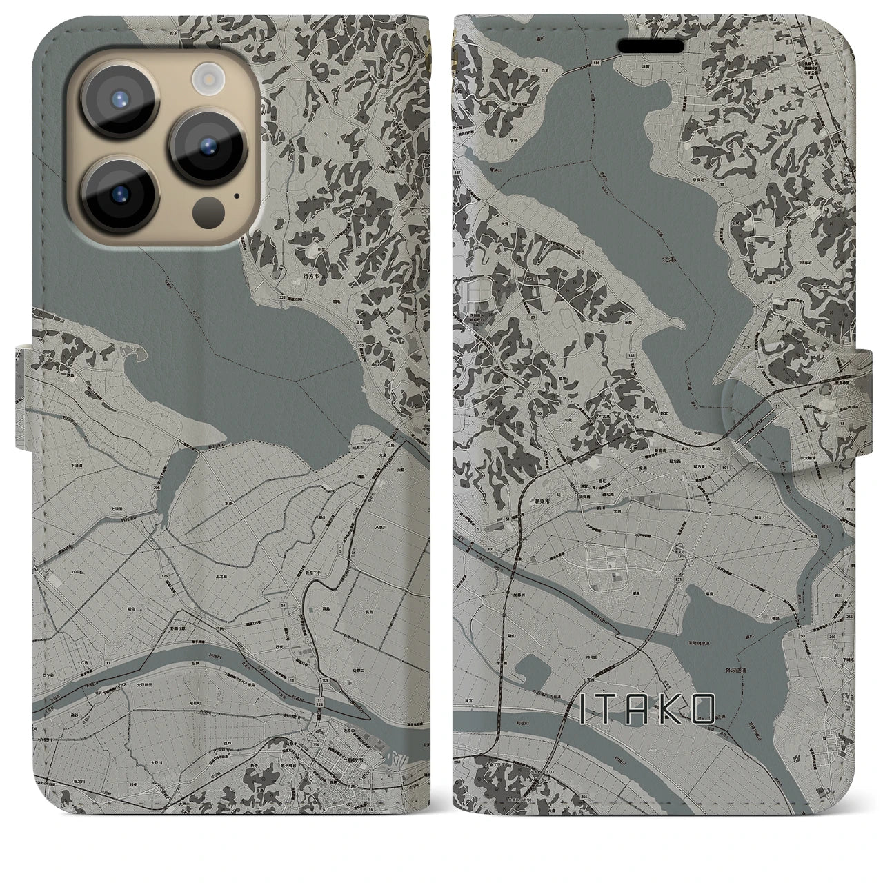 【潮来(茨城県)】地図柄iPhoneケース(手帳タイプ)モノトーン・iPhone 14 Pro Max 用
