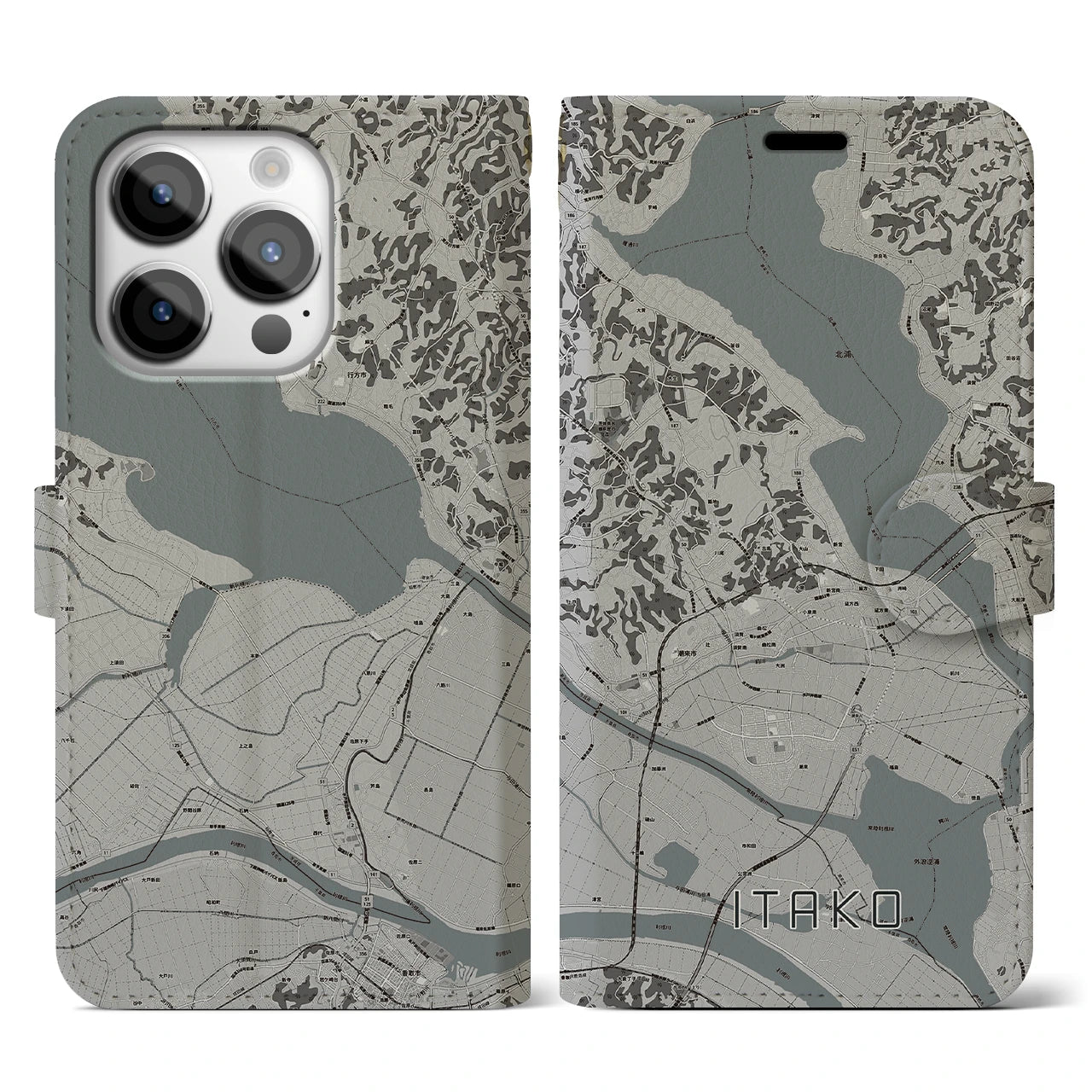 【潮来(茨城県)】地図柄iPhoneケース(手帳タイプ)モノトーン・iPhone 14 Pro 用