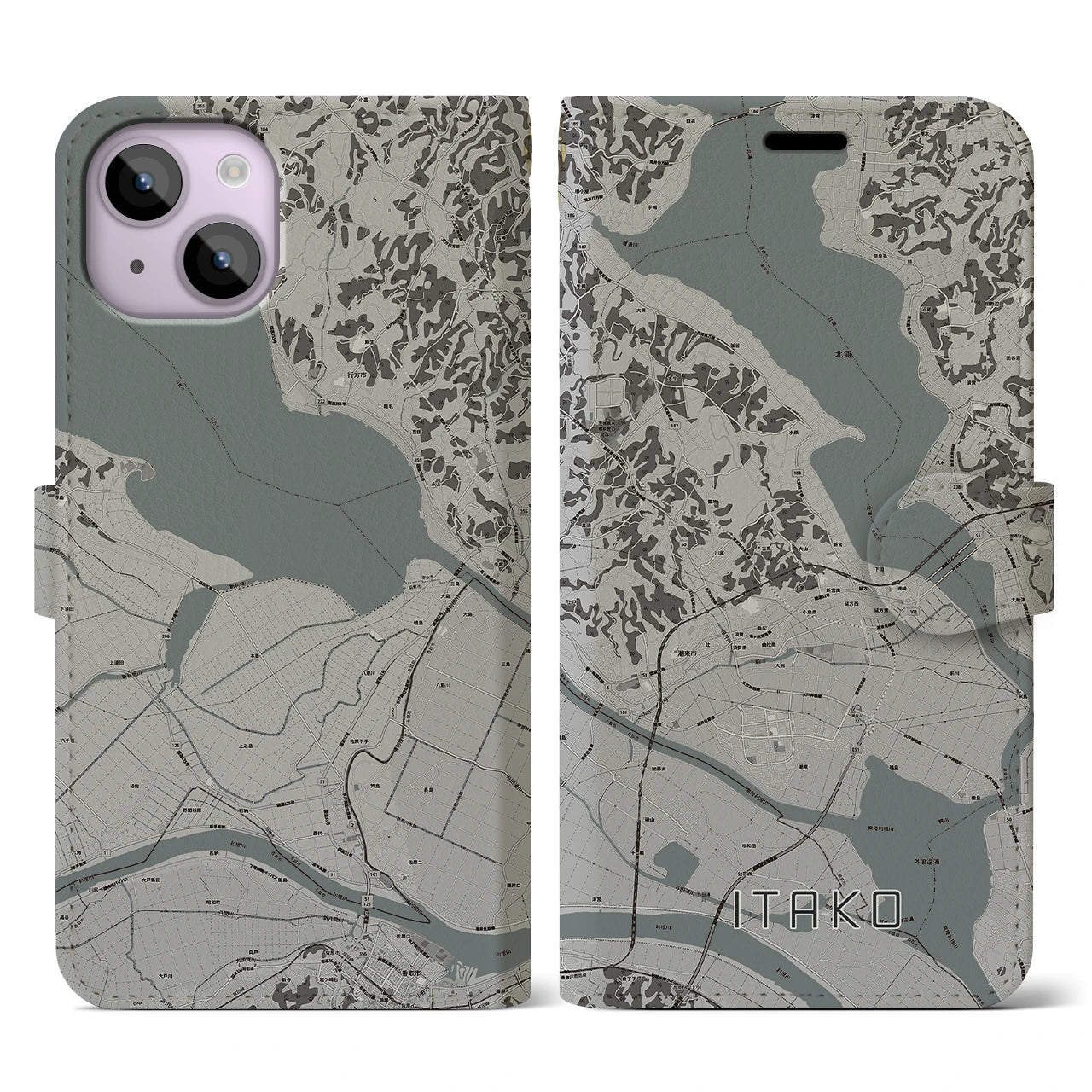 【潮来(茨城県)】地図柄iPhoneケース(手帳タイプ)モノトーン・iPhone 14 用
