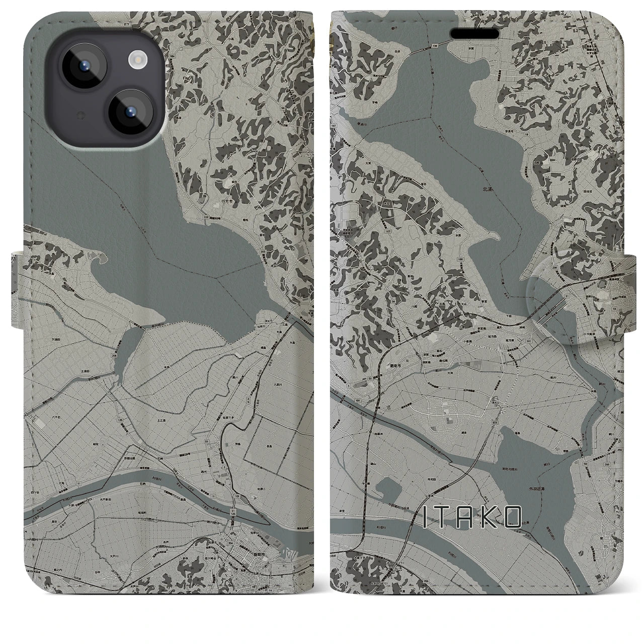 【潮来(茨城県)】地図柄iPhoneケース(手帳タイプ)モノトーン・iPhone 14 Plus 用