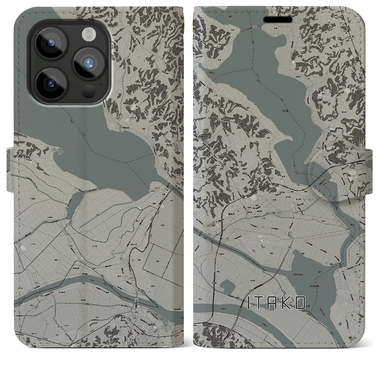 【潮来(茨城県)】地図柄iPhoneケース(手帳タイプ)モノトーン・iPhone 15 Pro Max 用