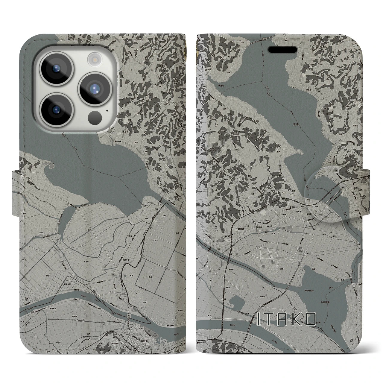 【潮来(茨城県)】地図柄iPhoneケース(手帳タイプ)モノトーン・iPhone 15 Pro 用